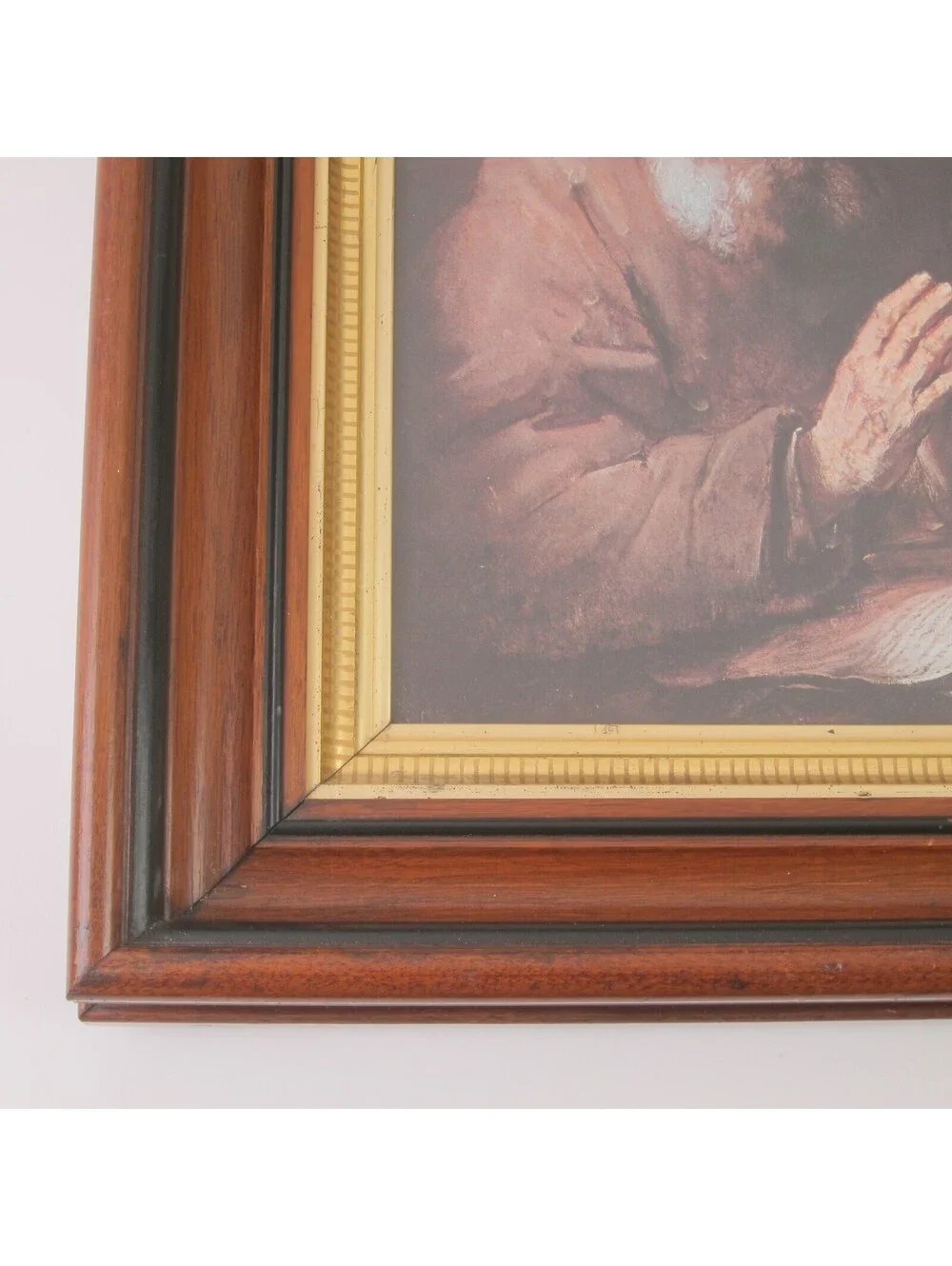 Antique Victorian Deep Picture Frame Walnut Wood Gold Gilt Old Man Praying Print